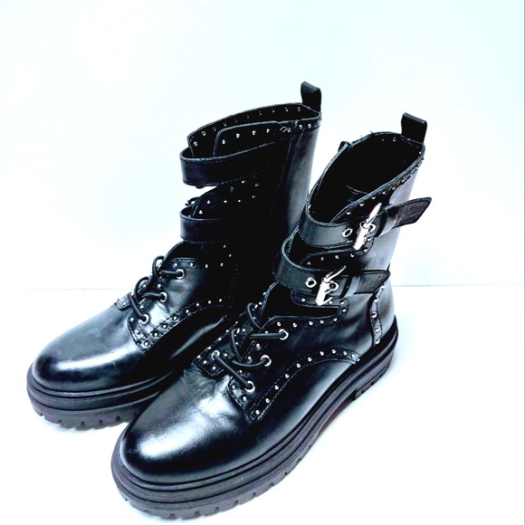 Y2K Chelsea & Violet Rhea Studded Leather Buckle  Sz 7M Women's Combat Boots - Picture 4 of 14